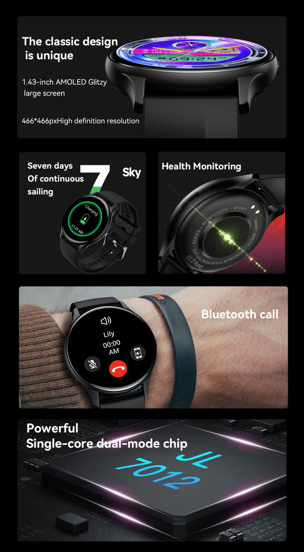 Kronus New 1.43inch Amoled Screen Bluetooth Call IP68 Waterproof Smart Watch
